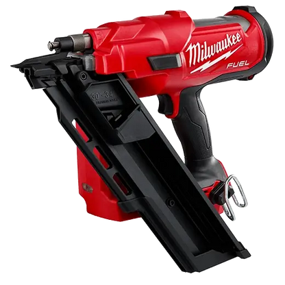 Red and black Milwaukee nail gun on a white background