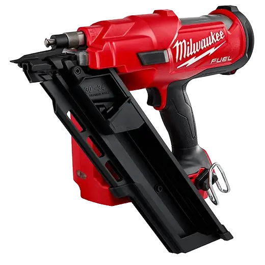 Red and black Milwaukee nail gun on a white background
