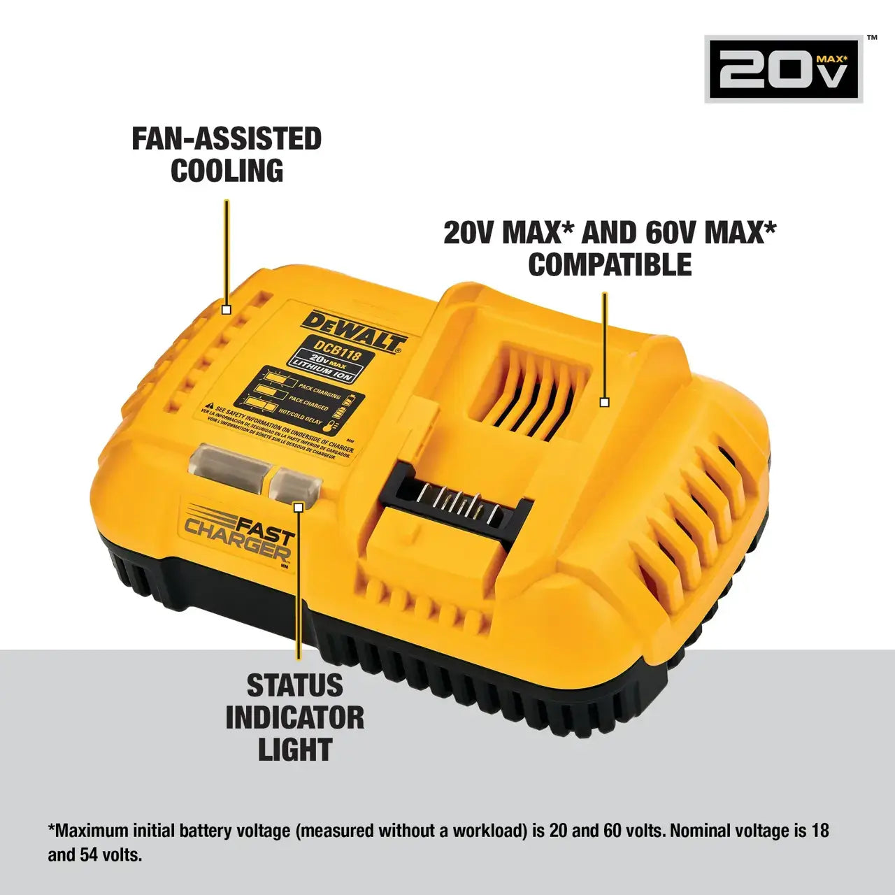 DeWalt battery charger with features highlighted on a white background