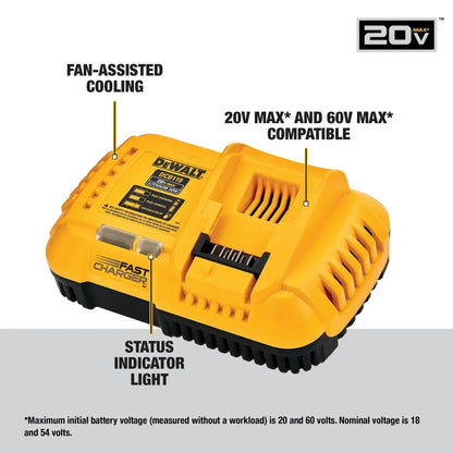 DeWalt battery charger with features highlighted on a white background