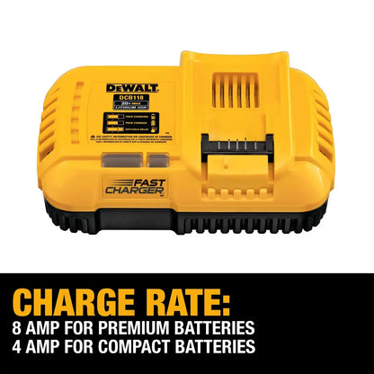 DeWalt battery charger with text about charge rates on a white background