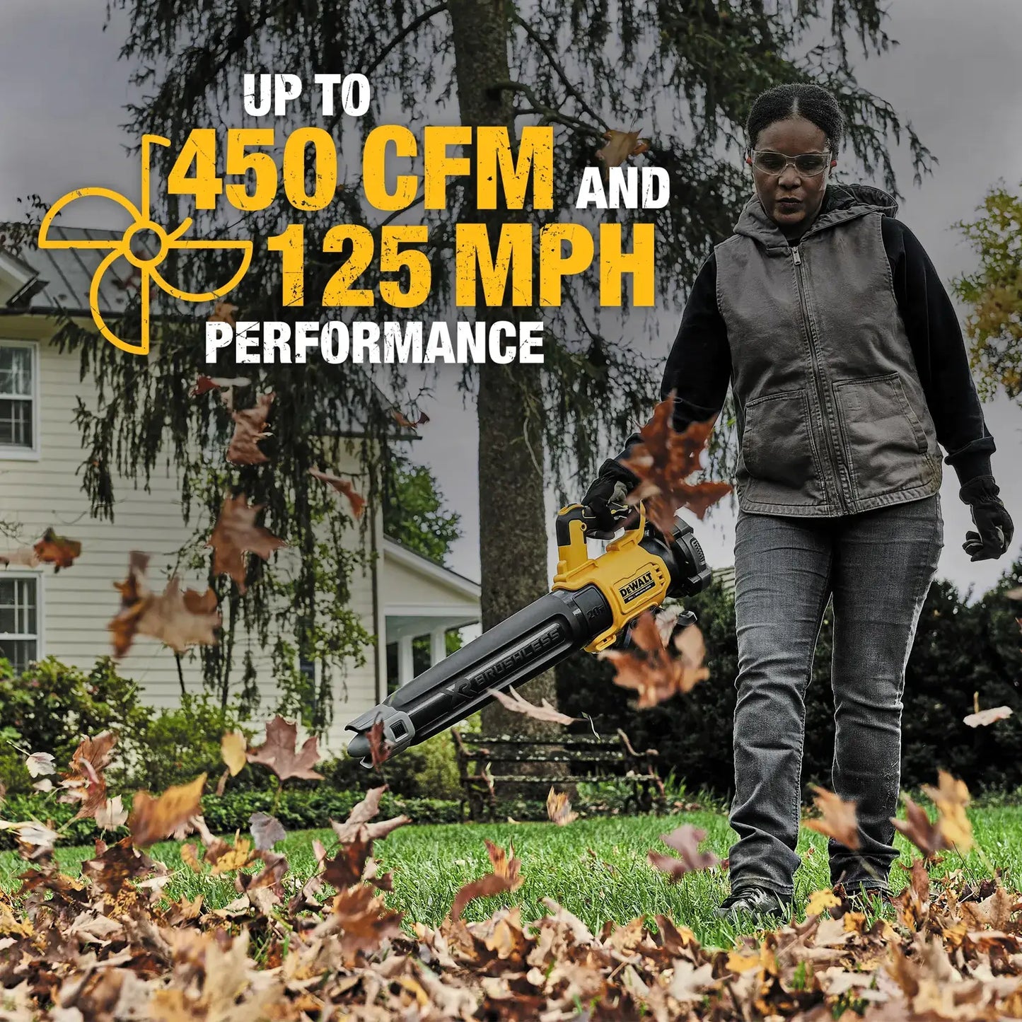 Person using a leaf blower with text about performance specifications in a garden setting.