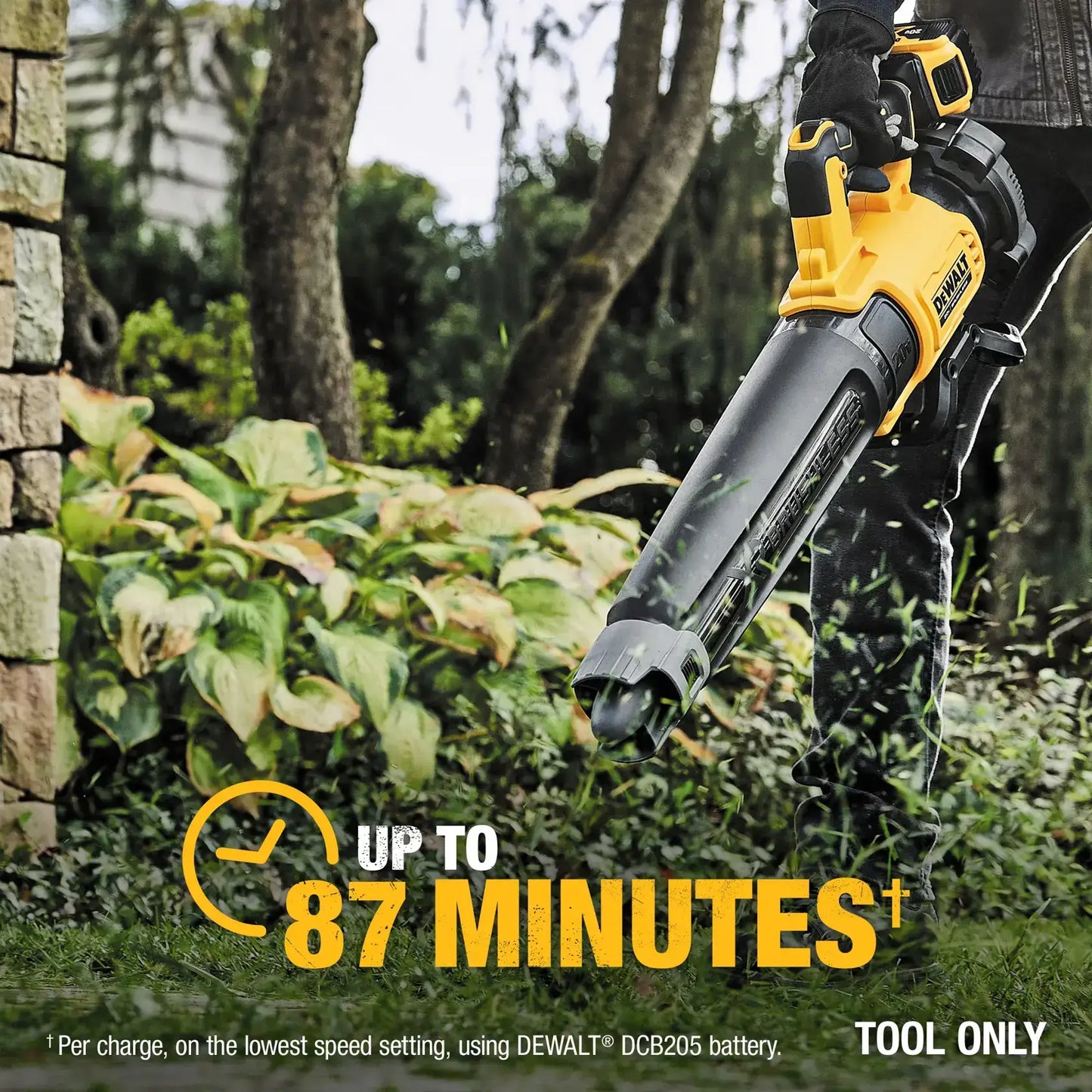 DeWALT leaf blower being used outdoors with text about battery life.