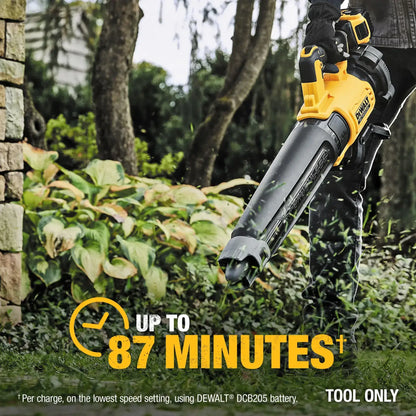 DeWALT leaf blower being used outdoors with text about battery life.