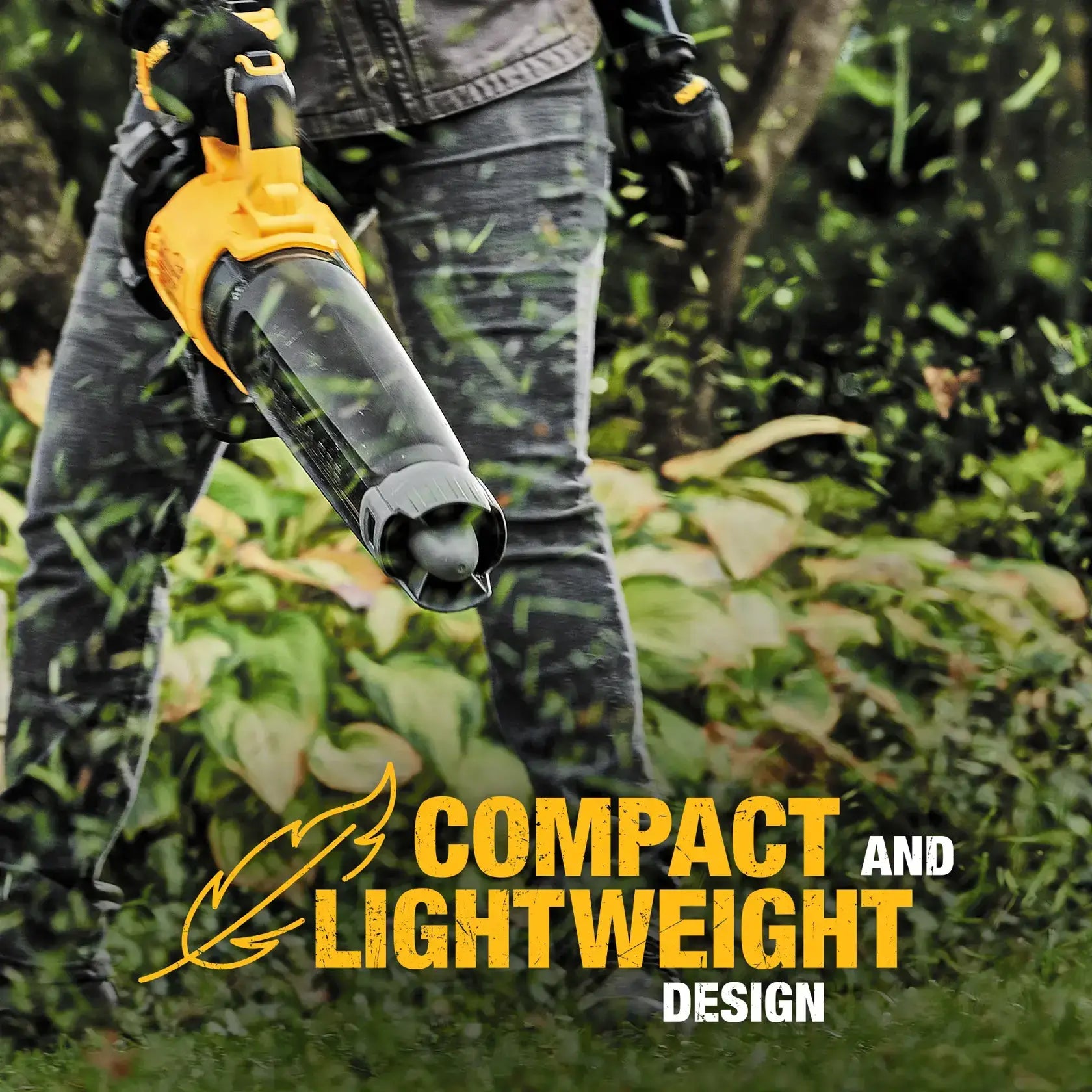 Person holding a compact and lightweight gardening tool with text overlay in an outdoor setting.