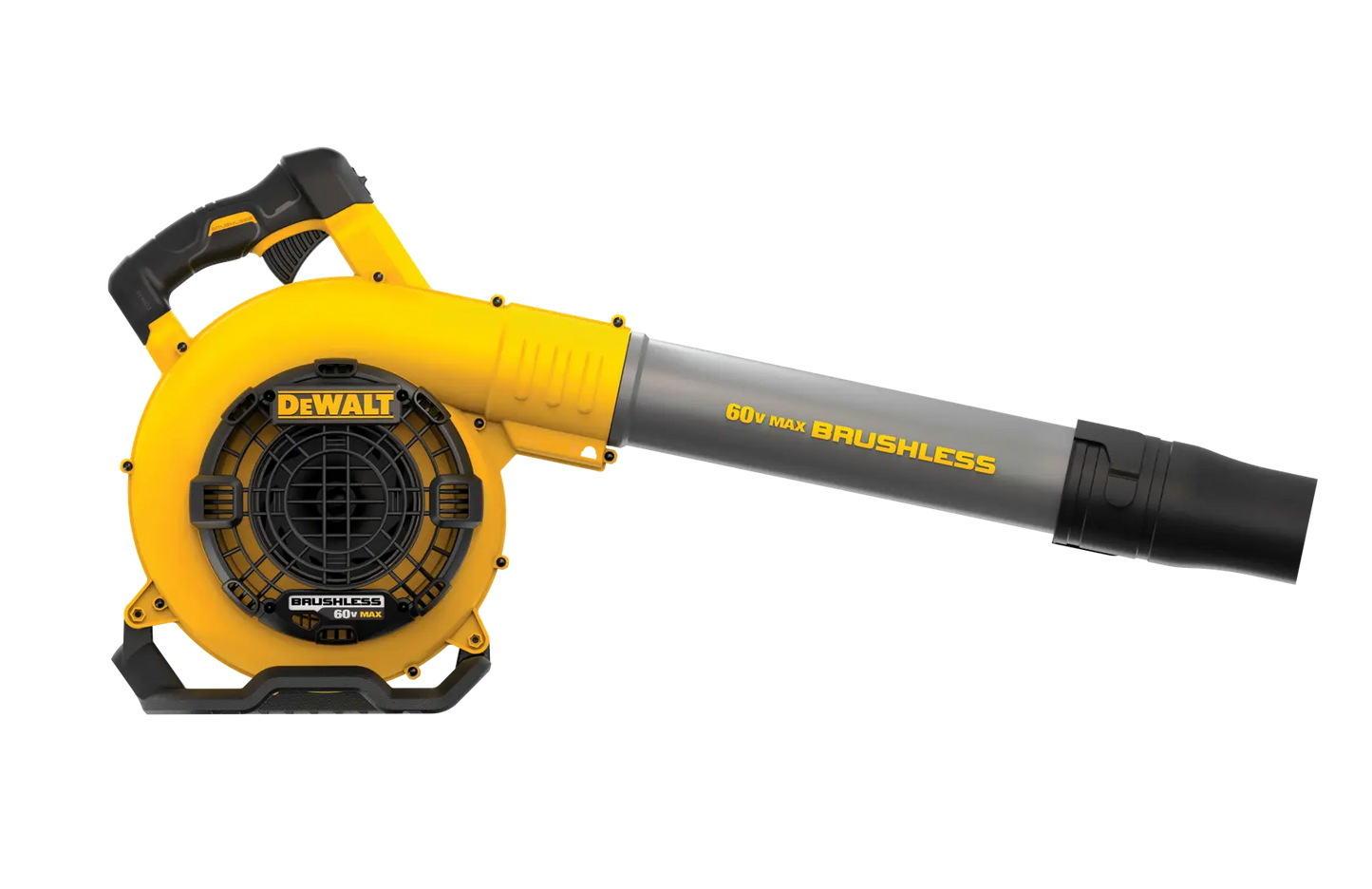 Yellow and gray Dewalt leaf blower on a white background