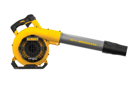 Yellow and gray Dewalt leaf blower on a white background