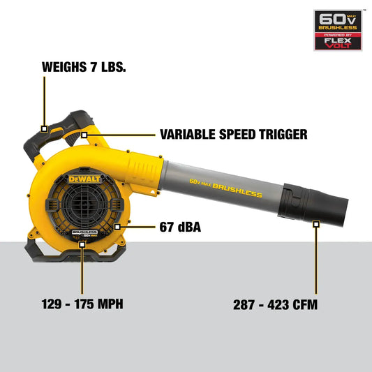 DeWalt leaf blower with specifications labeled on a white background