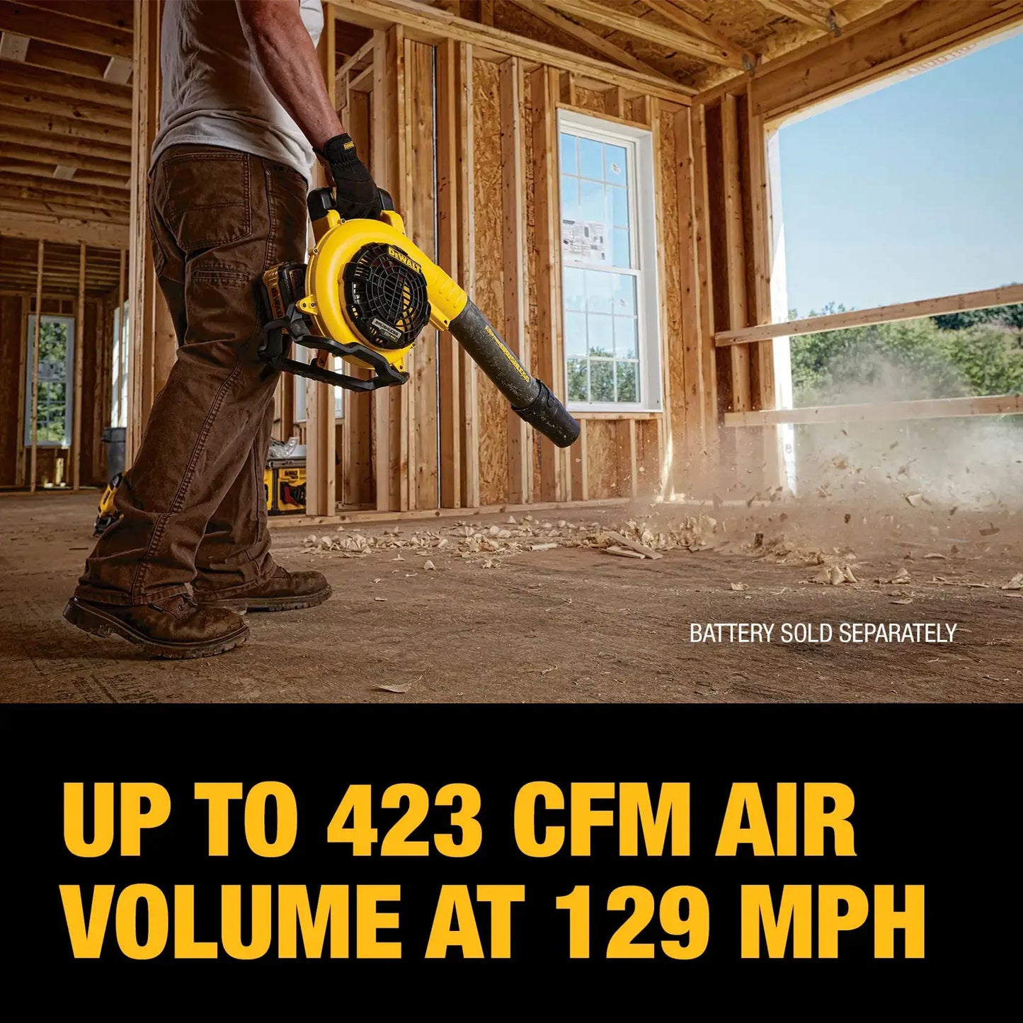 Person using a handheld leaf blower in a construction setting with text about air volume.