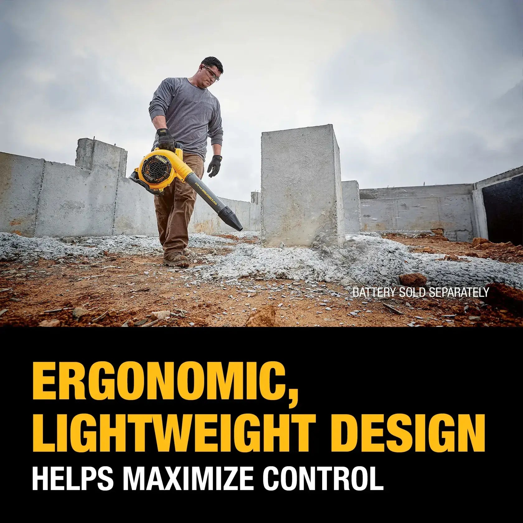 Person using a blower in a construction site with text about ergonomic design.