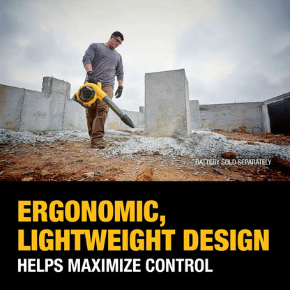 Person using a blower in a construction site with text about ergonomic design.