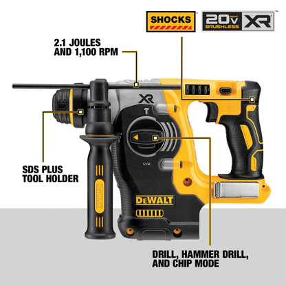 DeWalt 20V MAX* XR Brushless Li-Ion Cordless 1" SDS+ L-Shape Concrete/Masonry Rotary Hammer (Tool Only) DCH273B