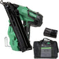 A green and black finish nailer with battery charger and bag
