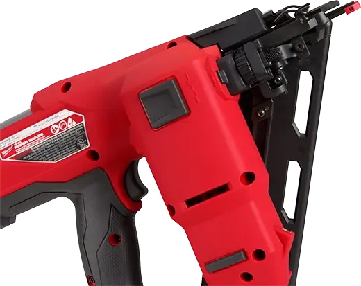 Red and black power tool on a white background