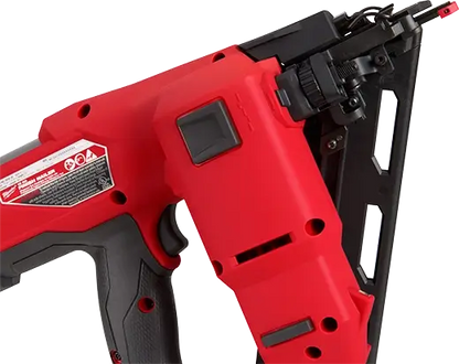 Red and black power tool on a white background