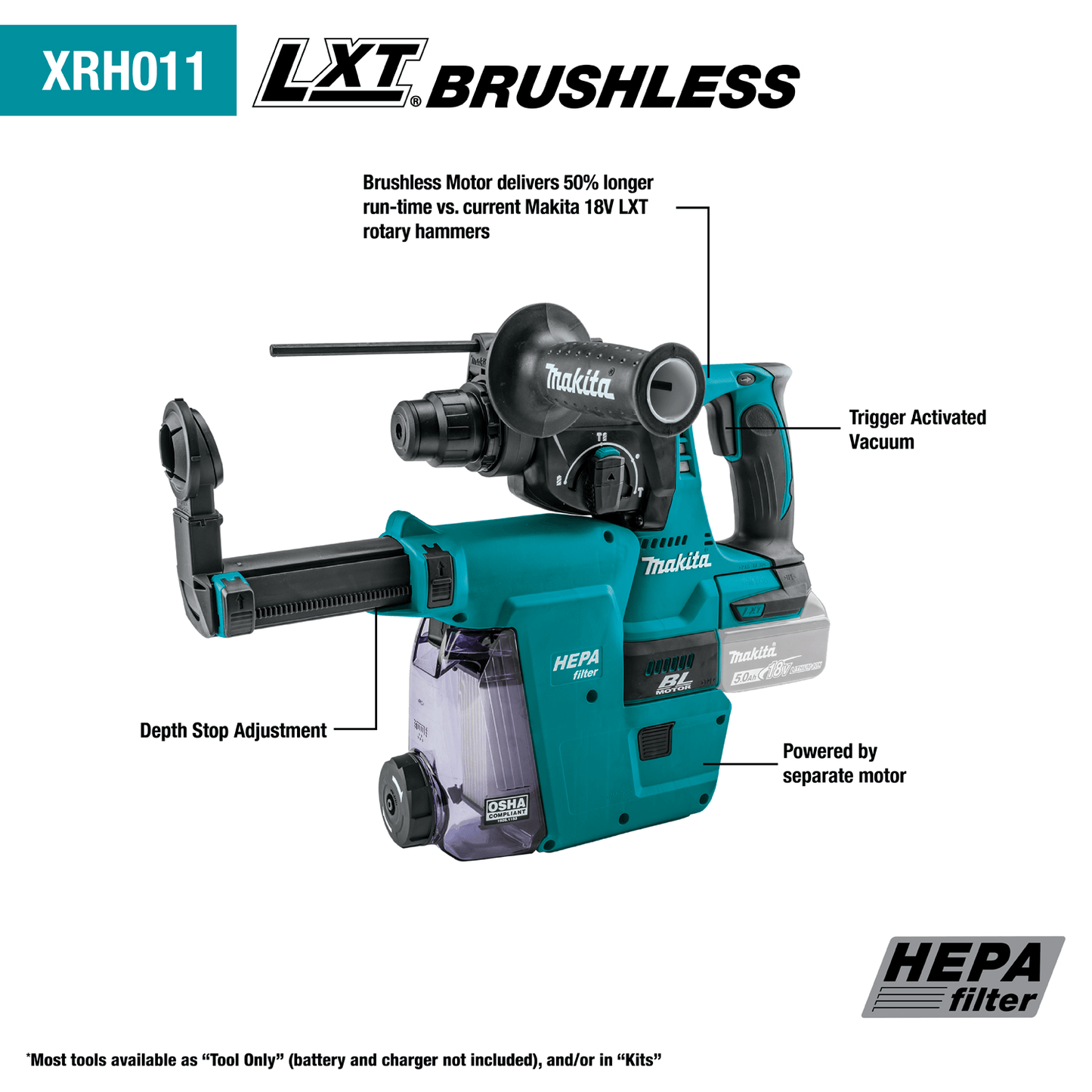 Makita 18V LXT® Lithium‑Ion Brushless Cordless 1" Rotary Hammer Kit, accepts SDS‑PLUS bits, w/ HEPA Dust Extractor Attachment (5.0Ah) XRH011TWX