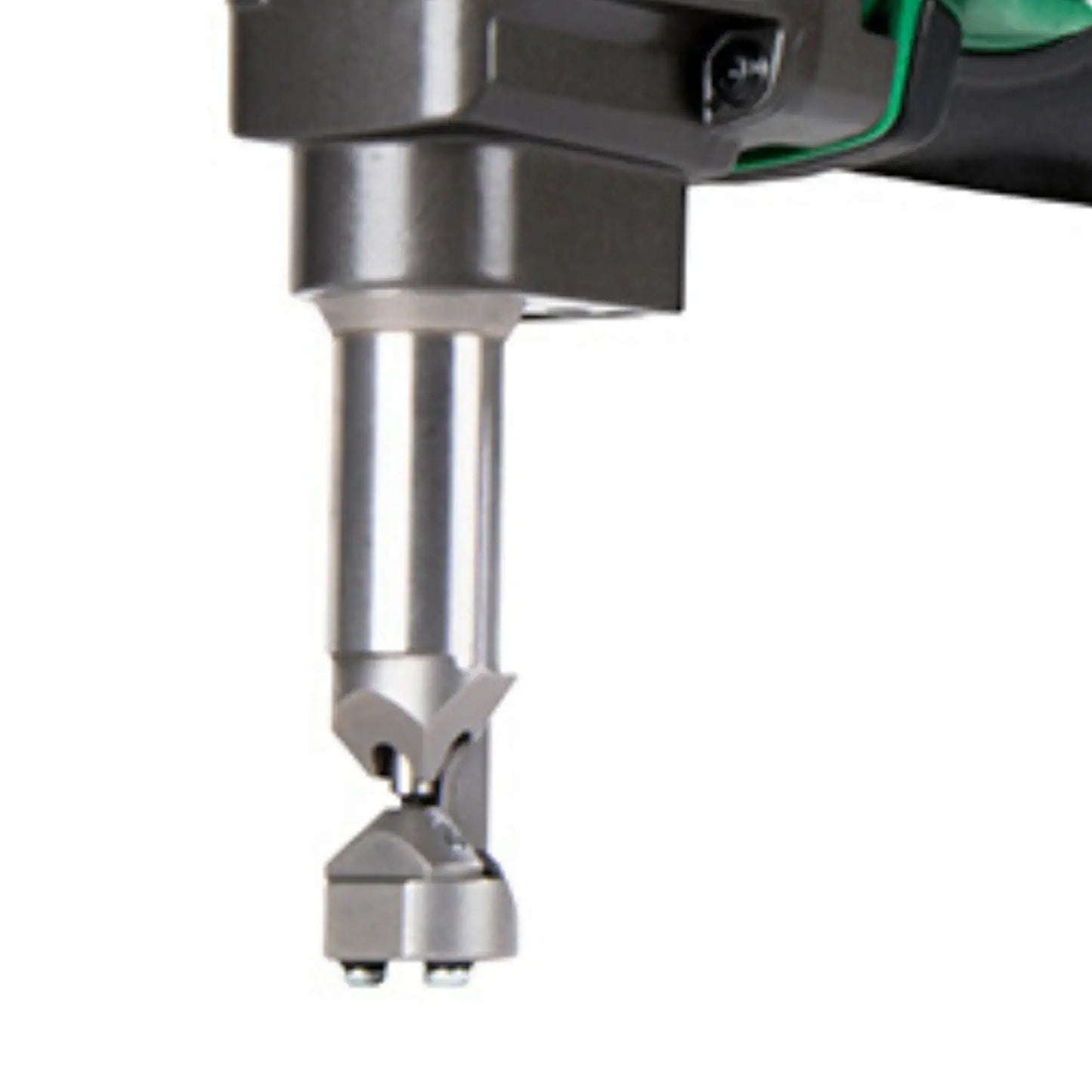 Close-up of a drill bit attachment on a white background