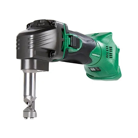 Green and black cordless drill on a white background