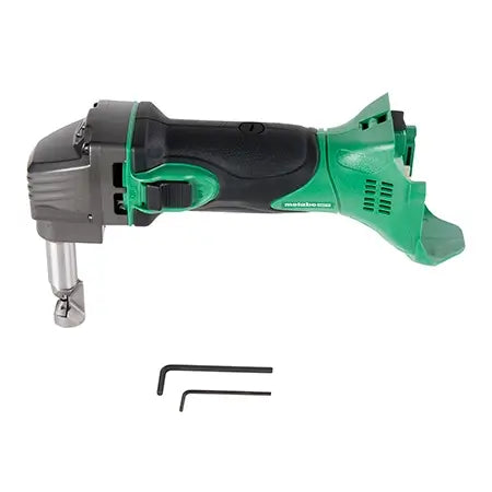 Green and black oscillating tool with attachments on a white background