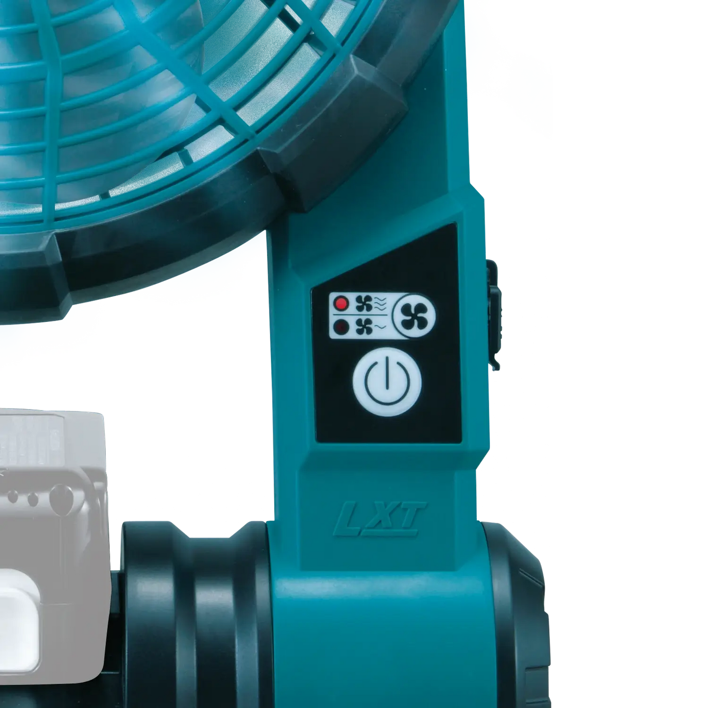 Teal fan with control panel on a white background