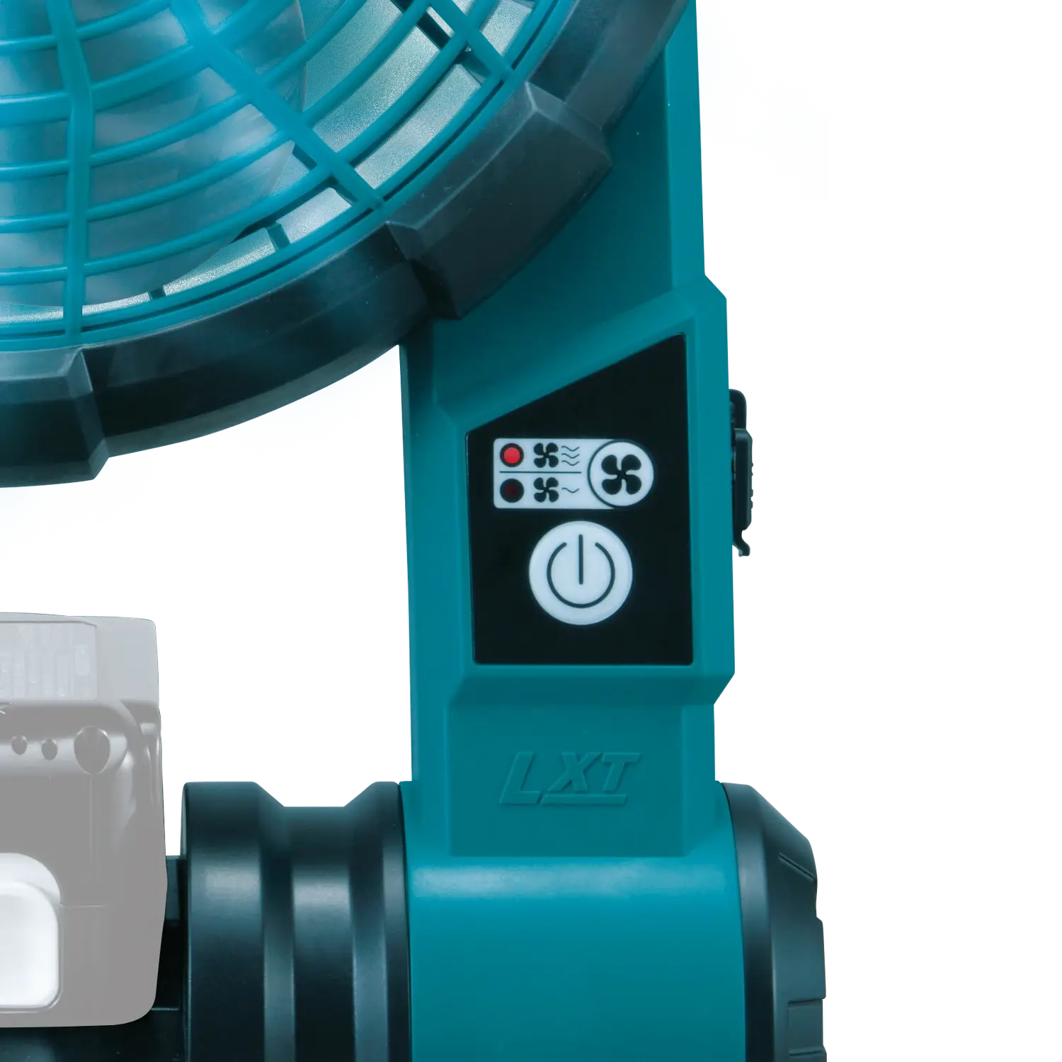 Teal fan with control panel on a white background