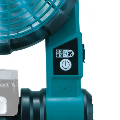 Teal fan with control panel on a white background