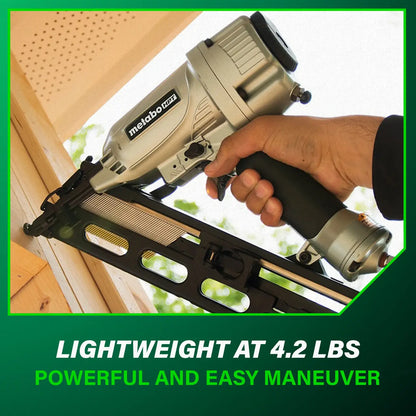 Hand holding a Metabo HPT nail gun with text highlighting weight and features.