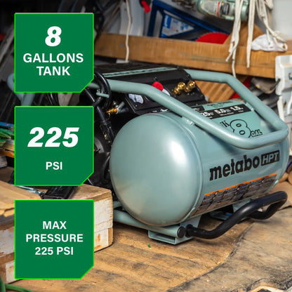 Metabo HPT air compressor with specifications on a workshop background