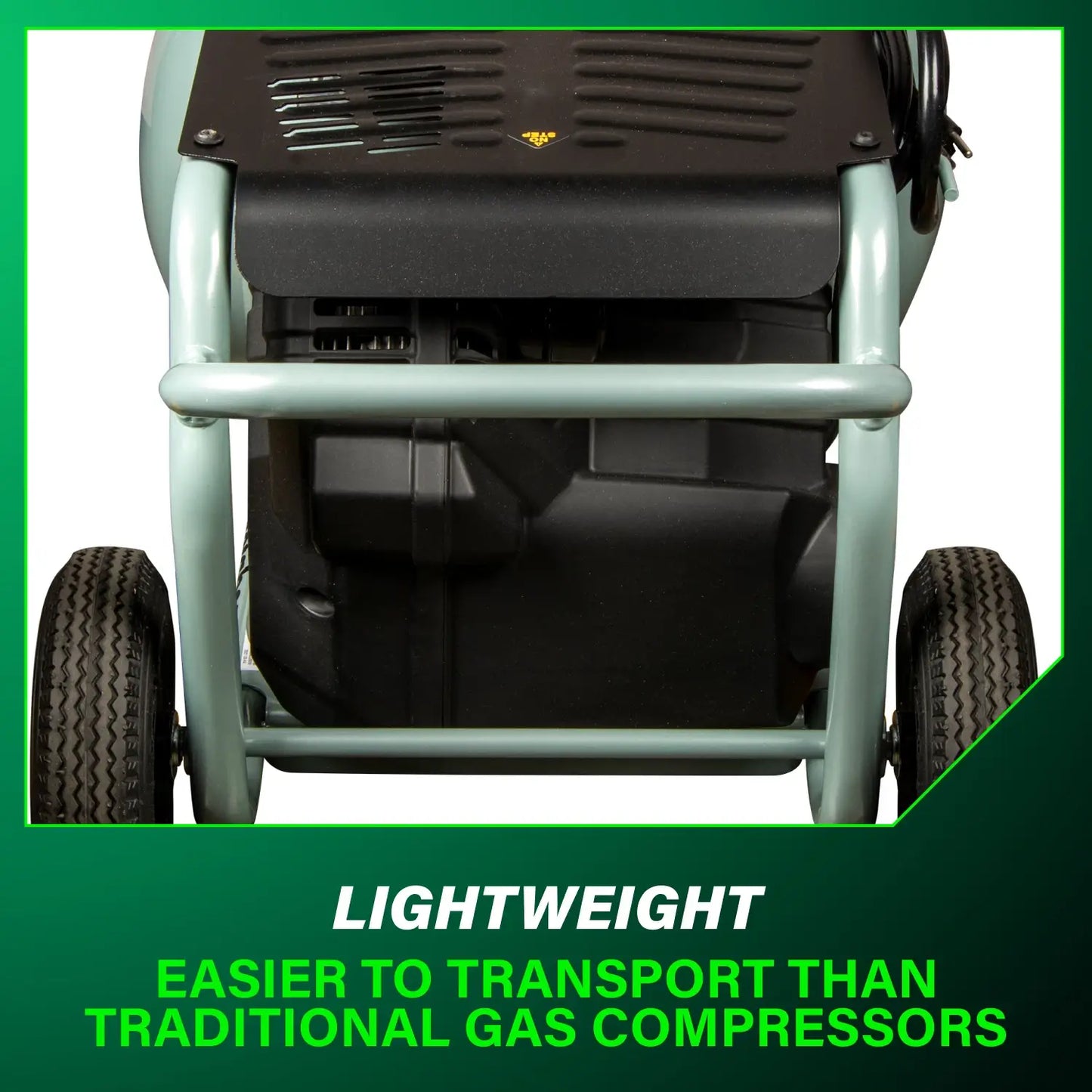 Air compressor with text highlighting its lightweight feature