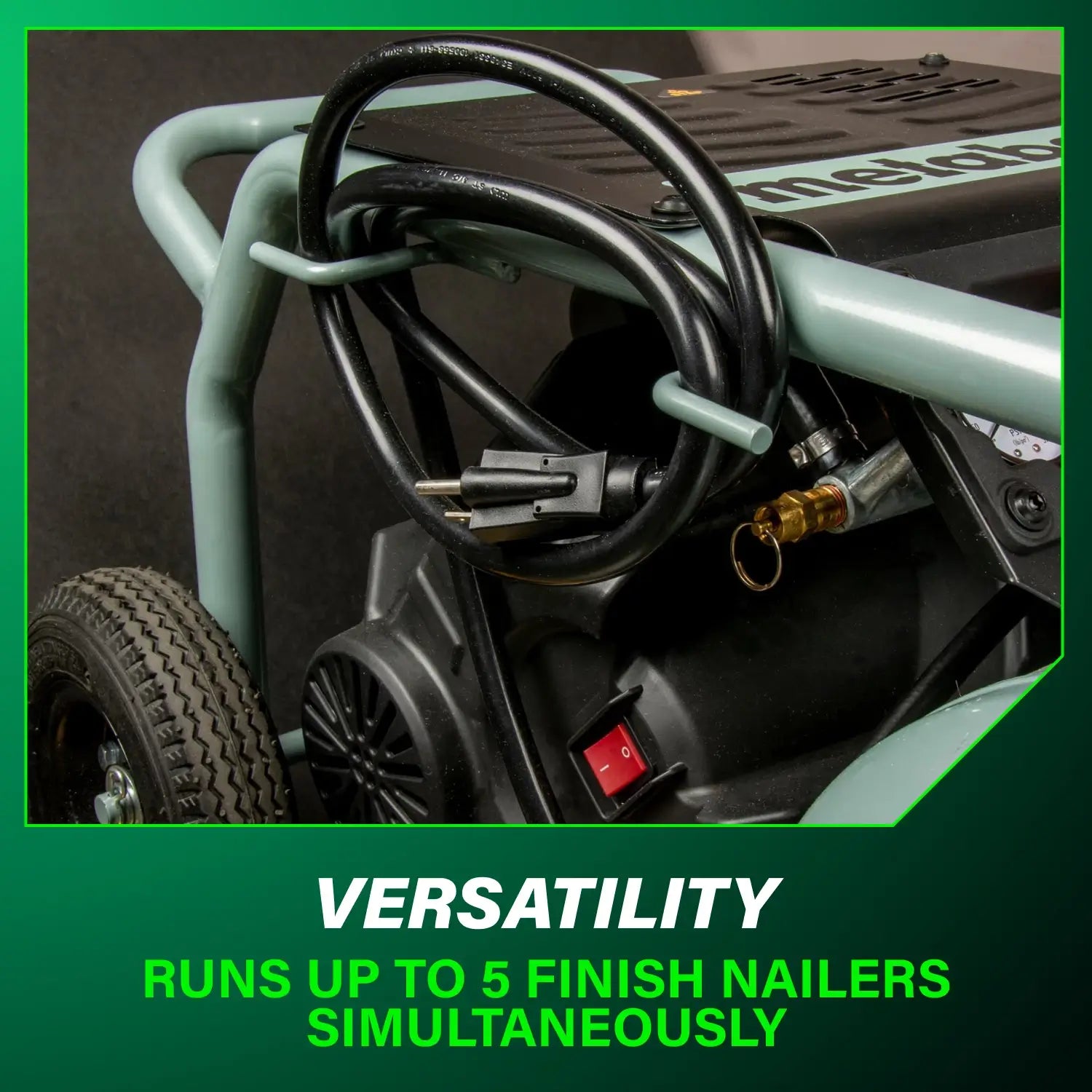 Power tool with hose attachment and text highlighting versatility