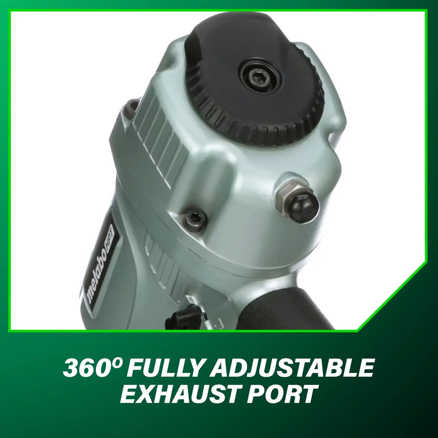 Pneumatic nail gun with 360° fully adjustable exhaust port on a white background