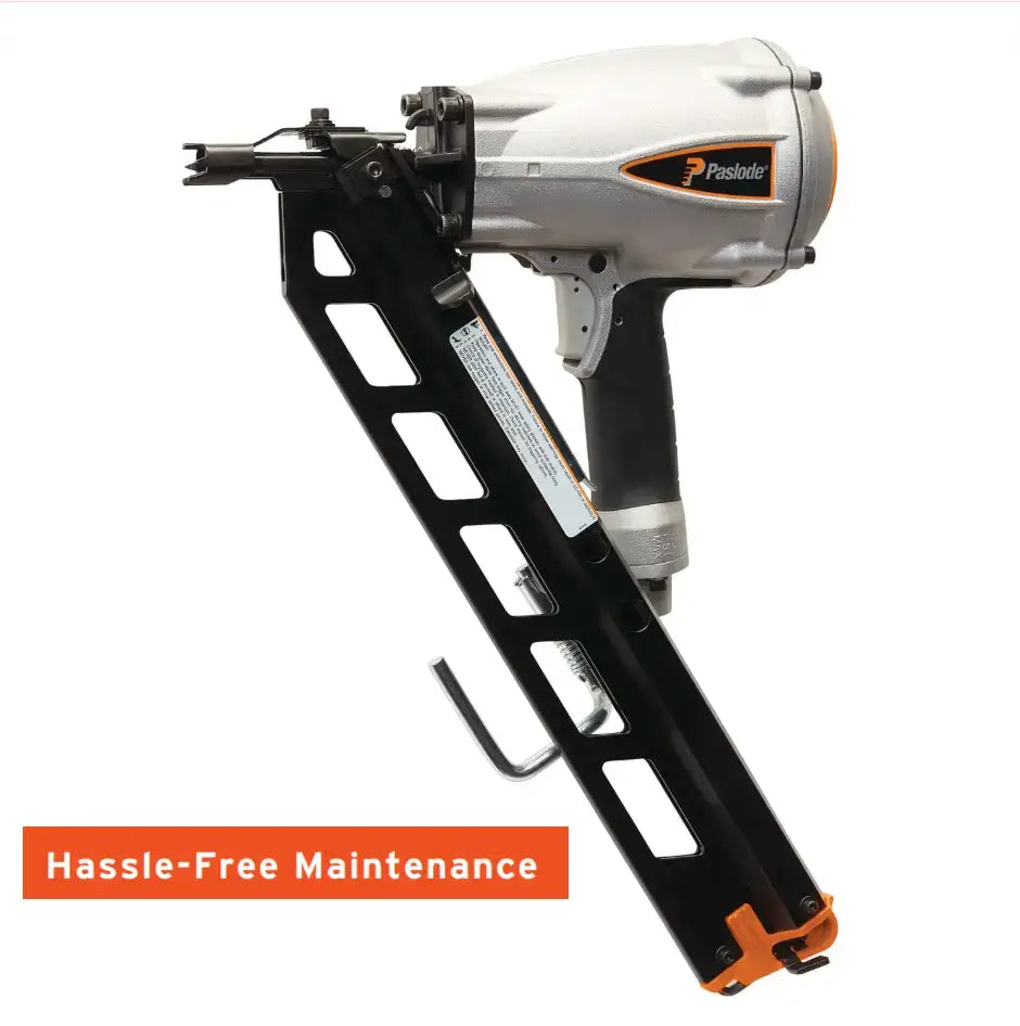 Pneumatic nail gun with 'Hassle-Free Maintenance' text on a white background