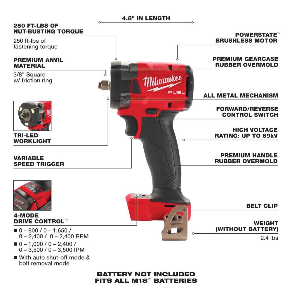 M18 FUEL™ 3/8"" Compact Impact Wrench w/ Friction Ring Bare Tool Milwaukee Tools
