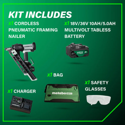 Metabo HPT Cordless Pneumatic 18V 30 Degree Paper Strip Framing Nailer Kit (NR1890DCBQRY)