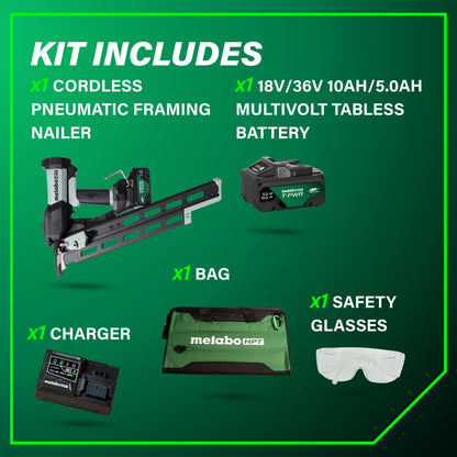 Metabo HPT Cordless Pneumatic 18V 21 Degree Plastic Strip Framing Nailer Kit