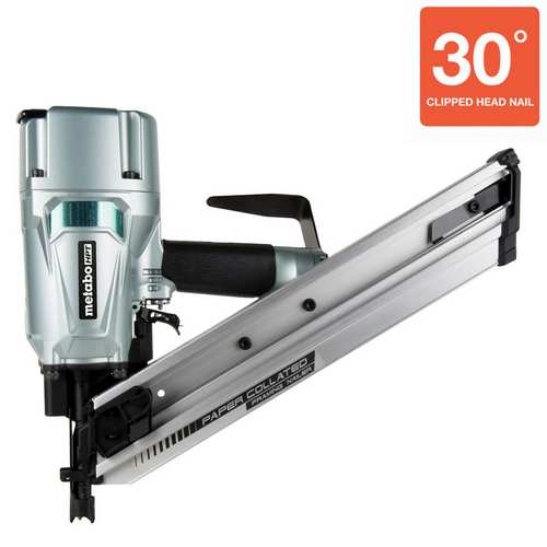 a 30 degree silver and black Metabo nailer
