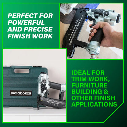 Nail gun with Metabo HPT branding, tool case, and text about its use for finish work.