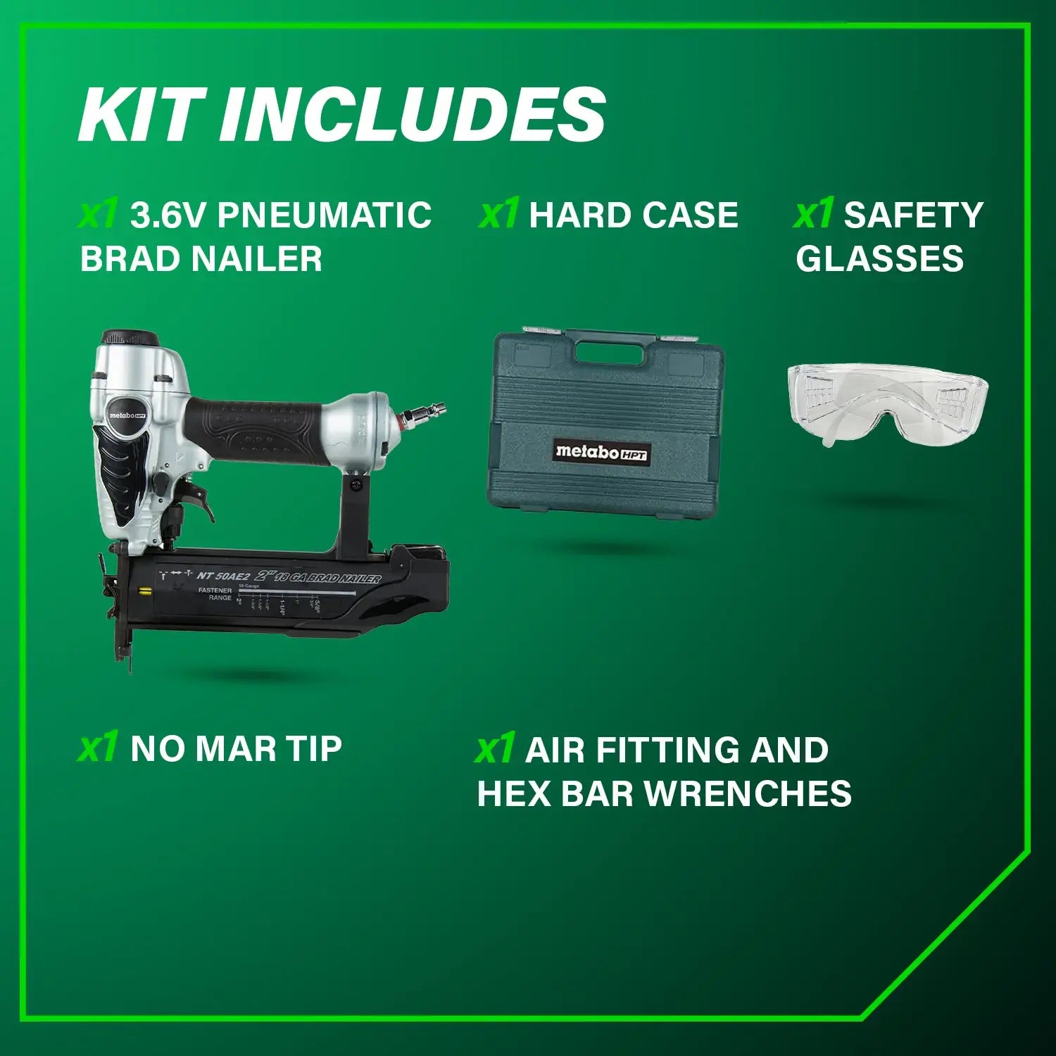List of items included in a kit with a 3.6V pneumatic brad nailer, hard case, safety glasses, no mar tip, and air fitting and hex bar wrenches on a green background.