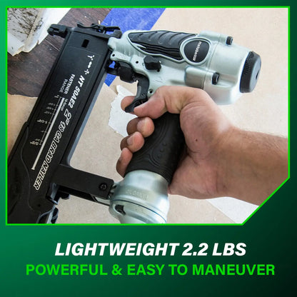 Hand holding a nail gun with text highlighting weight and ease of use