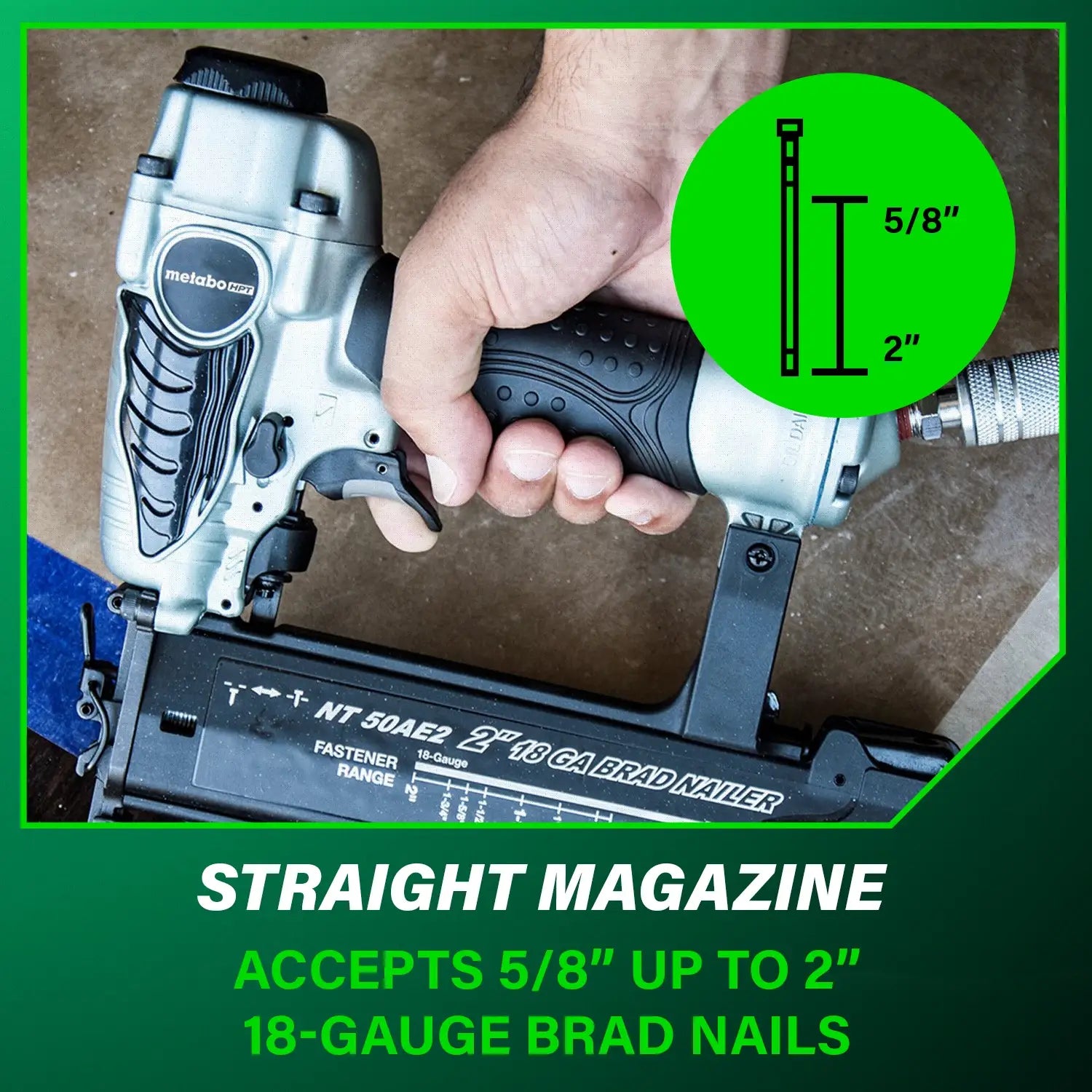 Nail gun with a hand holding it, showing nail size, and text about nail capacity.