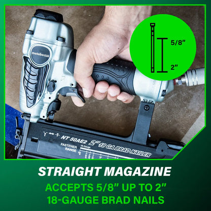 Nail gun with a hand holding it, showing nail size, and text about nail capacity.