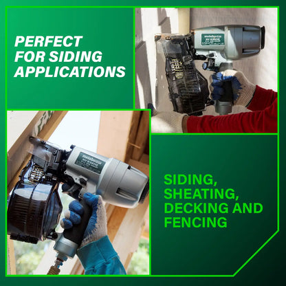 Nail gun being used on a construction site with text highlighting its use for siding applications.