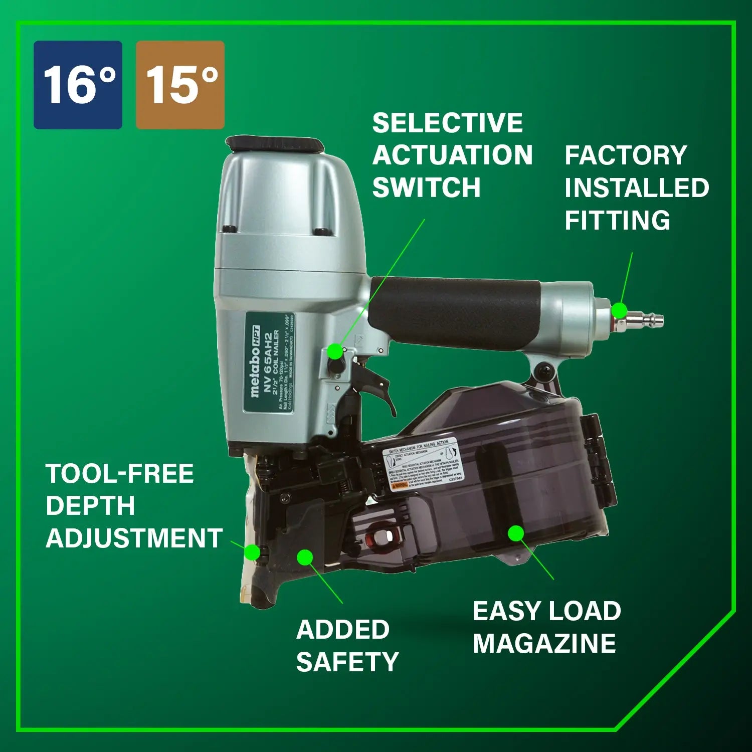 Nail gun with features highlighted on a green background