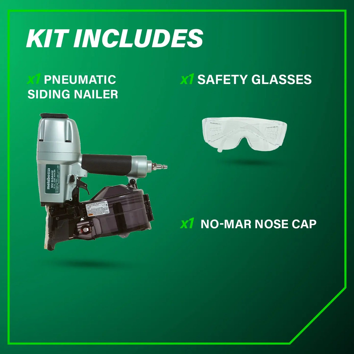Pneumatic siding nailer with safety glasses and no-mar nose cap on a green background