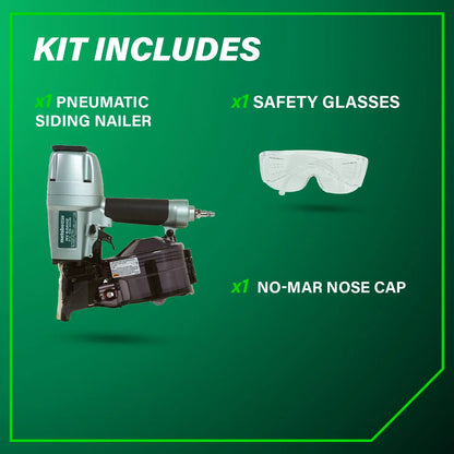 Pneumatic siding nailer with safety glasses and no-mar nose cap on a green background