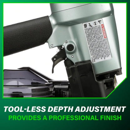 Nail gun with tool-less depth adjustment feature on a white background
