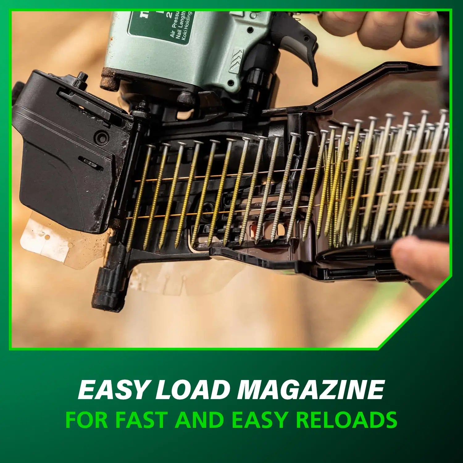Close-up of a nail gun magazine with nails, held by a person, on a blurred background.