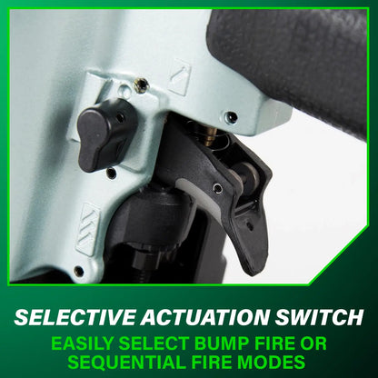 Close-up of a selective actuation switch on a nail gun with text highlighting its features.