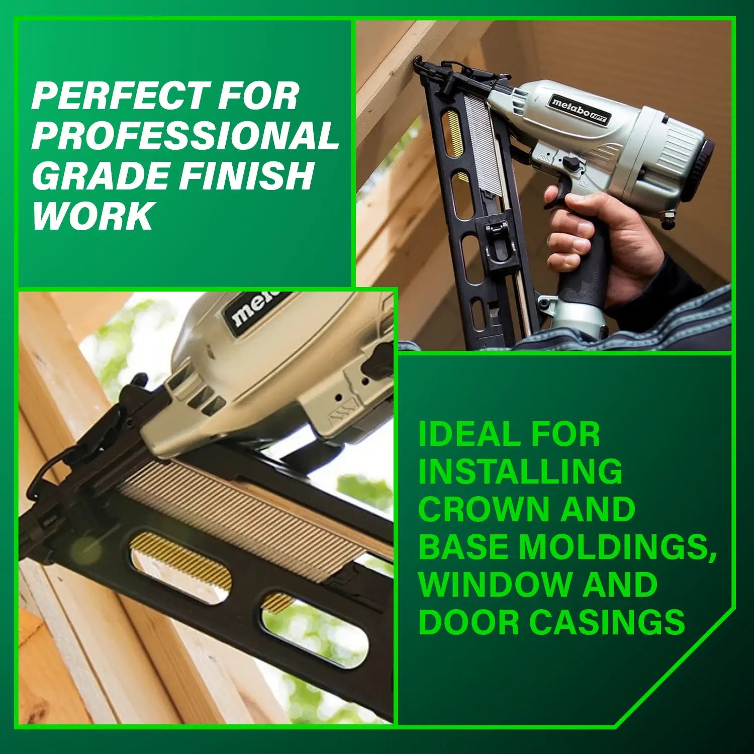 Nail gun being used for molding installation with text highlighting its professional-grade finish work capabilities.