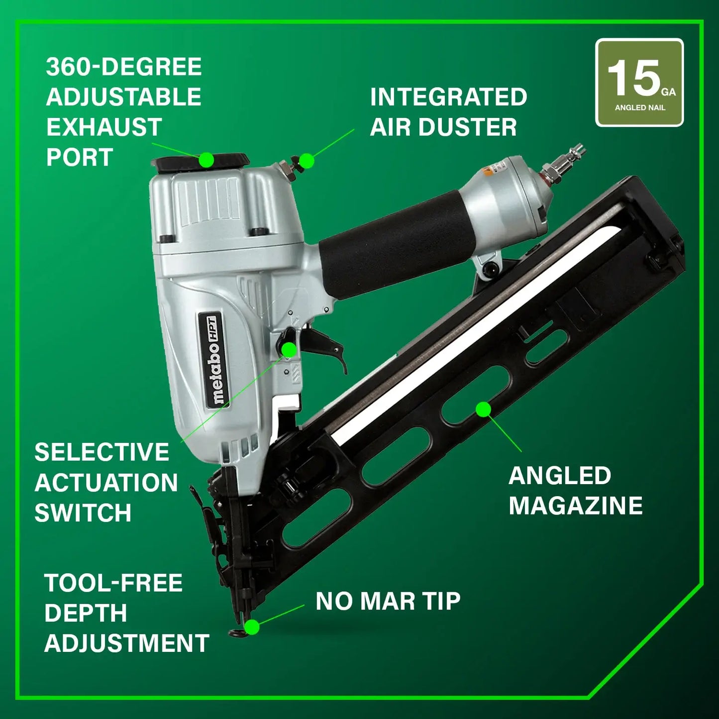 Nail gun with features highlighted on a green background